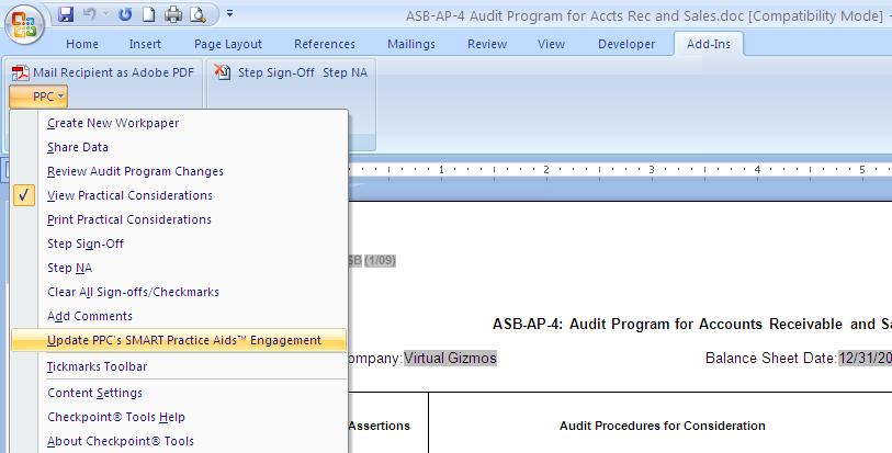 To insert a procedure in the existing audit program Practice Aid Word document created from SMART Practice Aids Risk Assessment, insert a row where the procedure should be added.