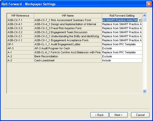 The Roll Forward - Workpaper Settings dialog box lists each of the workpapers and the applicable Roll Forward setting for each one.