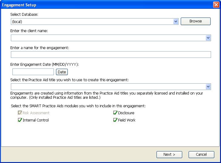 Selecting the Create a New Engagement option will display the Engagement Setup wizard in SMART.