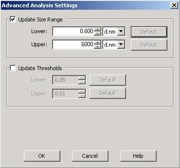 Clicking on the Advanced button gives access to the Advanced Analysis Settings (figure 6). This allows the Display Size Limits to be modified to appropriate values.