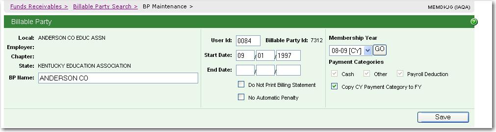 BILLABLE PARTY MAINTENANCE The top portion of the page displays general information, including name, composition, User Id and Payment Categories.