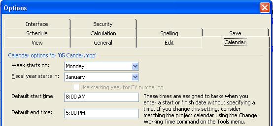 Tools, Options, Calendar tab: Page 55 Page 56 Calculation of Duration in Days The picture below shows: Task 1 has the correct duration in days Task 2 shows a duration that is clearly misleading.