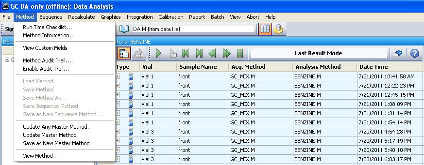 Single Sample Workflow (2/2) In the Last Result Mode it is now possible to save the data analysis parameters last used (from DA.M) to a master method.