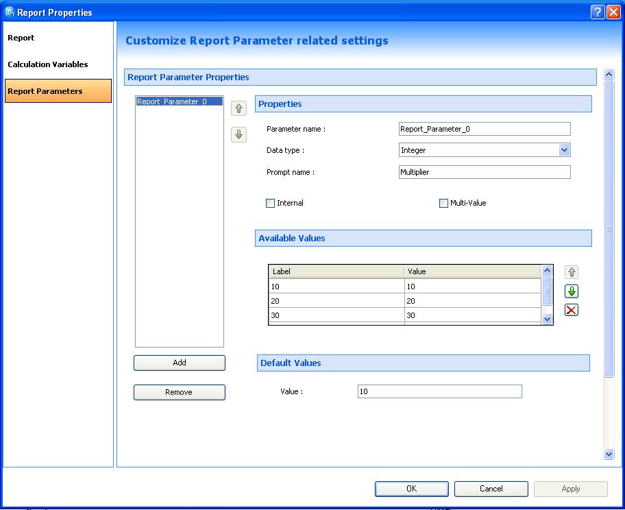 Intelligent Reporting: Report parameters Create/Edit report parameters as part of report properties