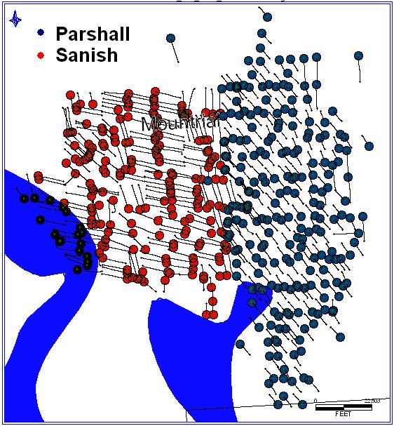 4 SPE 152530 Figure 5, Sanish Parshall well locations Figure 6 is a contour map of mid perforation sub sea true vertical depth (TVDSS) for Bakken completions in the study area.
