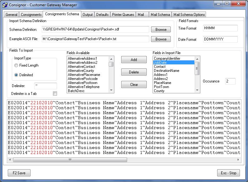 The Import Schema Tab of the Gateway Manager The window at the bottom of the page highlights whether the schema file is matching the appropriate data in the example file