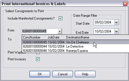 International Consignments The Consignments Print Waybill Labels and Pro-Forma Invoices menu option exists for reprinting Waybills and Pro-Forma invoices.