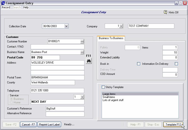 Creating Consignments Based on a Template When you want to use or apply a template when creating a consignment, in the Consignment Entry screen, click the Template F12 button: Applying a Template