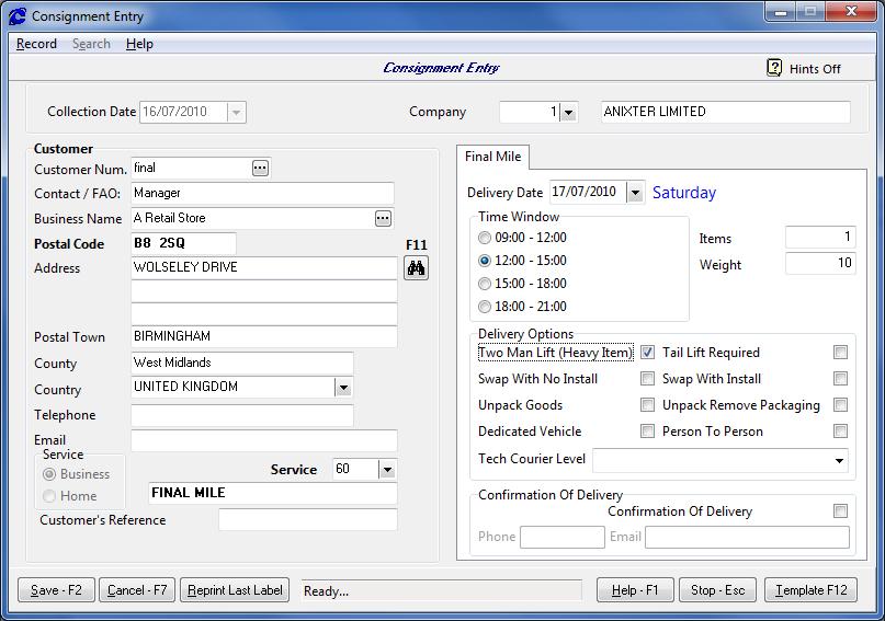 Final Mile Type Consignments If your Consignor system is enabled for Final Mile type consignments, then if you select a postcode area where the service is available and select a final mile service