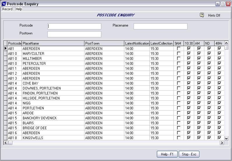 The Postcode Enquiry Screen This screen is slightly different from the full enquiry screen. You can view this screen by selecting Enquiries Postcode Enquiry from the main menu.