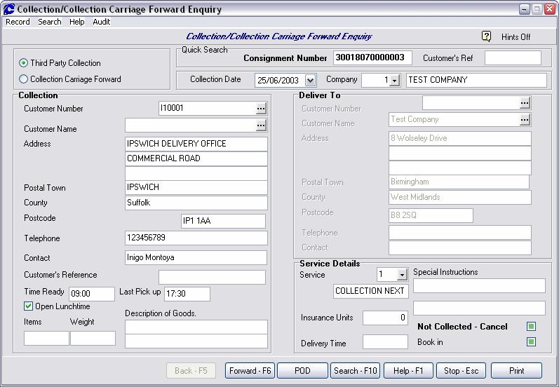 The Collection / Carriage Forward Enquiry Screen This screen operates in a very similar manner to the Consignment Enquiry screen: The Collection / Carriage Forward Enquiry Screen You can search