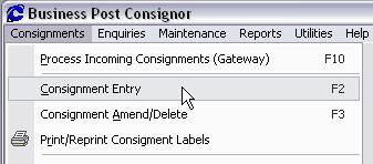.. Once Consignor has started, you should see the main Consignor window, with menus at the top: Handy Shortcuts Menus Consignment Entry: Amend/Delete: Gateway End-of-Day: F2 F3 F10 F4 Entering a New