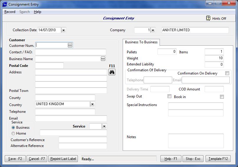 Entry screen: You can now either create a customer and enter a consignment, or simply enter a consignment, without saving the customer information to the Consignor database.