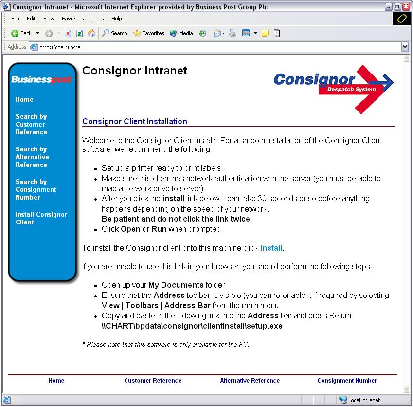 Consignor Client link in the menu bar: In this screen, clicking the blue Install link will launch the installation