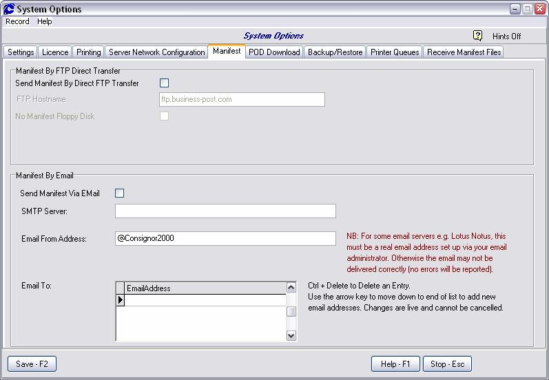The Manifest Options Screen This screen is used to specify that manifest data can be sent via FTP or via email, in addition to being written to disk (or USB key).