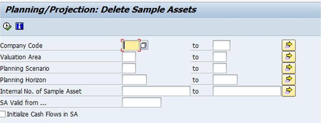 7.2 Delete Sample Assets 7.2.1 Introduction This function enables you to delete sample assets. 7.2.2 Details and Execution You can delete sample assets for a particular scenario using the report "Planning/Projection: Delete Sample Assets".