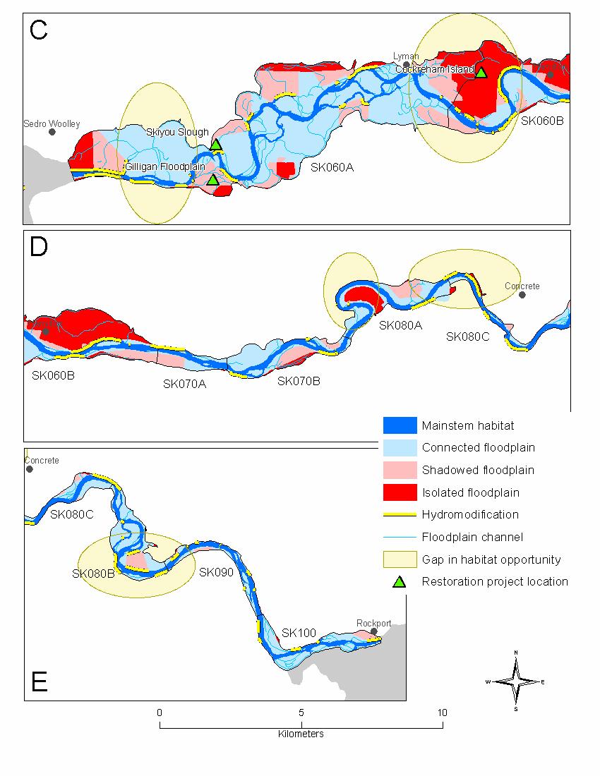 Figure 4.1. Floodplain areas for the Skagit River from (C) Sedro Woolley to Hamilton, (D) Hamilton to Concrete, and (E) Concrete to Rockport.