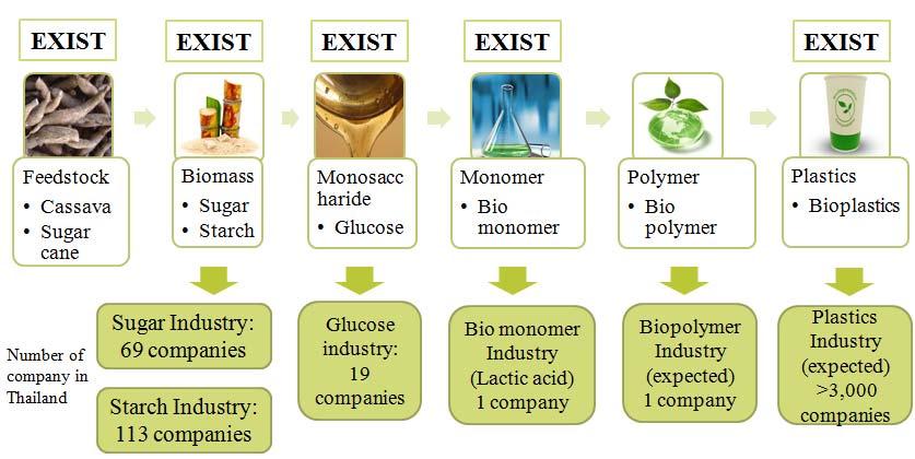 stage of the bio-plastics value chain process, ranging from biomass processing to bio-monomer and biopolymer industries.