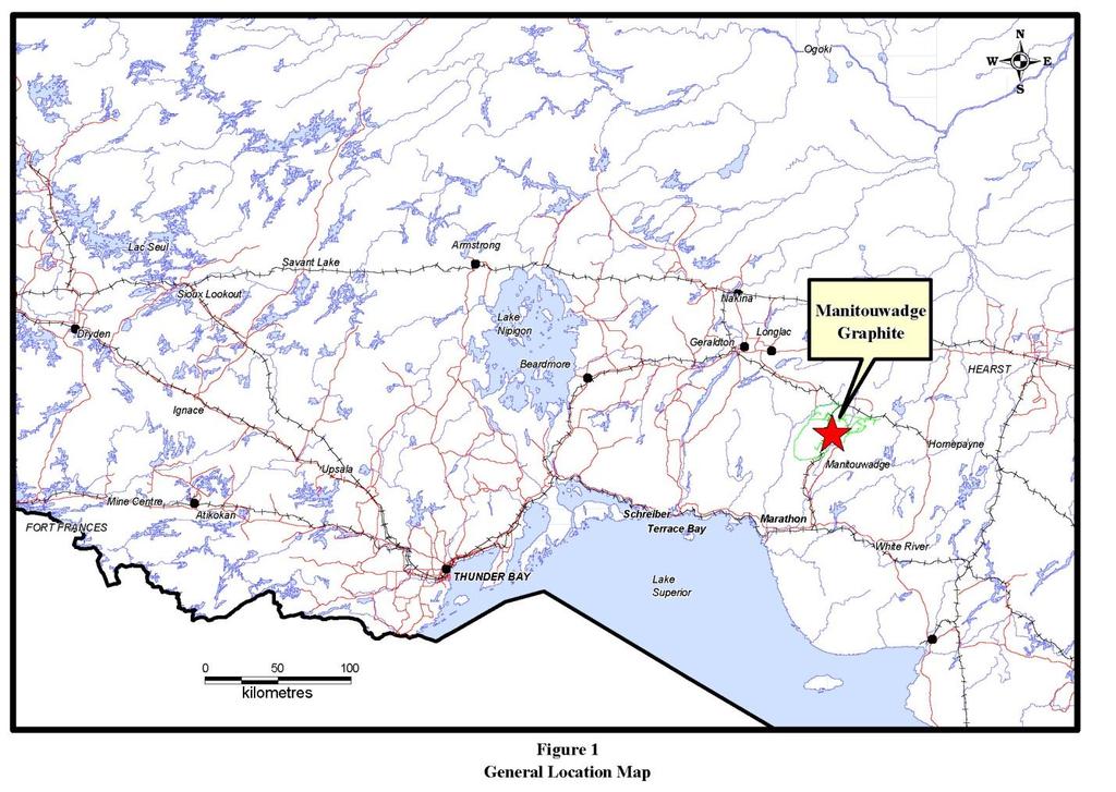 Manitouwadge Graphite Project Located near existing mining operations, excellent access to road and rail Located 30-40km NE of the town of Manitouwadge, Ontario (330km east of Thunder Bay) Close
