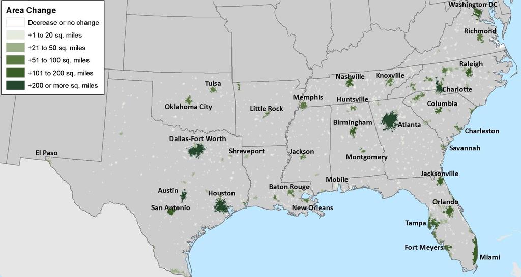 Figure 3-8 Change in Size of Southern Urban Areas between 2000 and 2010 All US South states experienced increases in the size of urban areas, but urban areas in Texas, Georgia, Florida and North