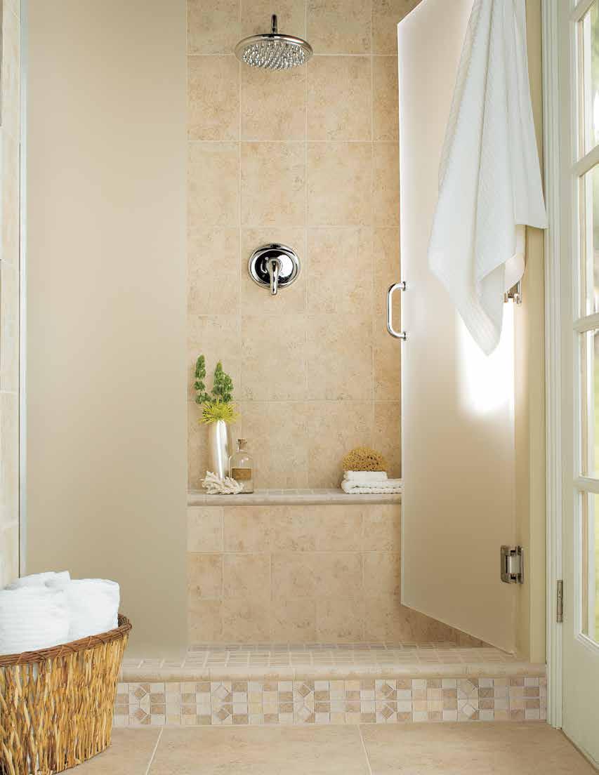 Photo features Sand 9 x 12 and 6 x 6 wall tile on the shower wall, and Sand 18 x 18 field tile on the floor.