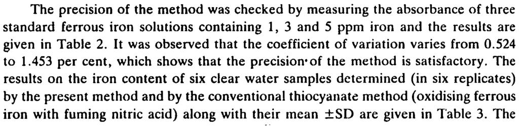 by the present method and by the conventional thiocyanate method (oxidising ferrous iron