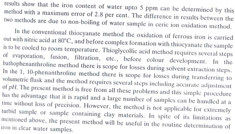R[ipid L)rtermitrcrtion of' Iron irt Wutvr Table 3. Comparison of ceric ian oxidation mrthud with nitric acid oxidat ion method SI. No.