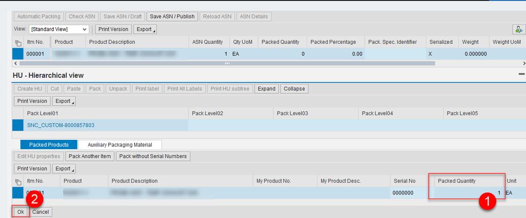 The packaging material field will be populated. Click OK at the bottom of the screen. In this step you are inputting into the ASN Pack Screen that you will be shipping the order in a package (box).