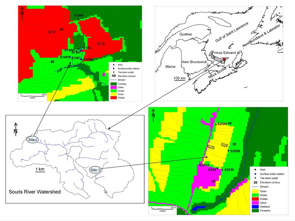 Figure 1. Location of study watershed, monitoring stations and on-site land use coverage (2008) Topography is rolling with slopes generally ranging from 2-6%.