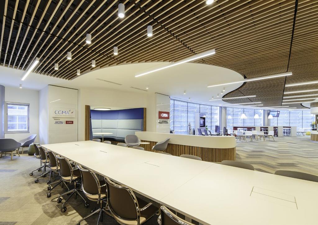 Slatted timber walls and ceilings A solid White Oak slatted system for CIMA, London.