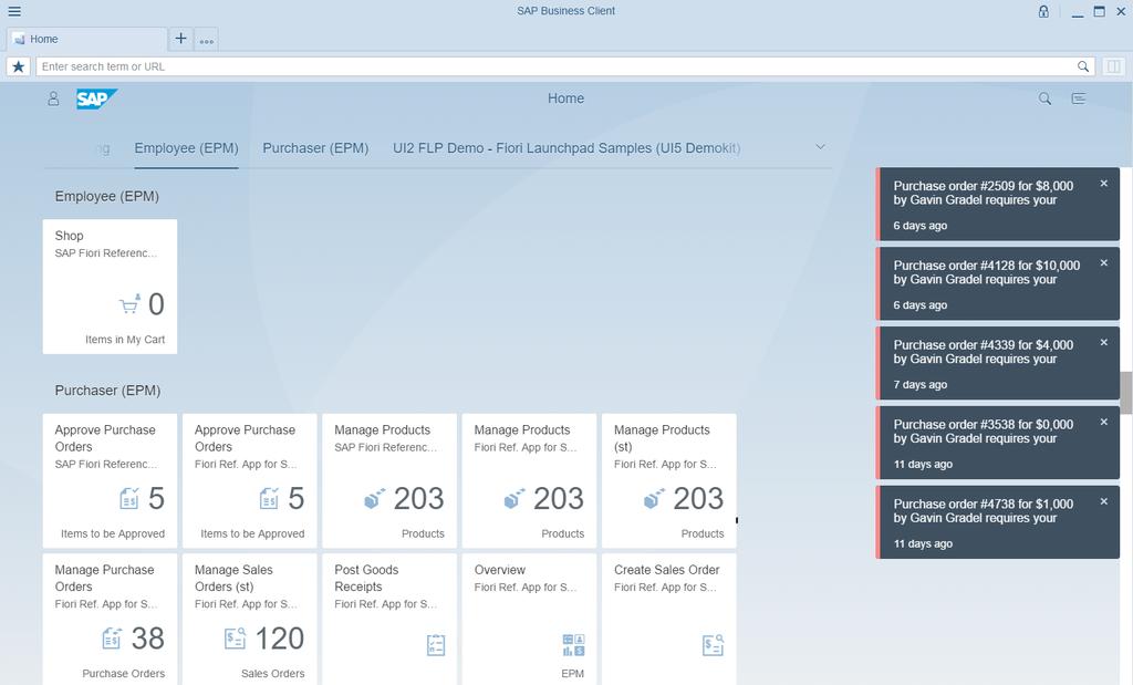 SAP Fiori launchpad within SAP Business Client at a glance Role-based content definition Search across and within apps to get immediate answers Launch SAPUI5, Web Dynpro ABAP, SAP GUI or other