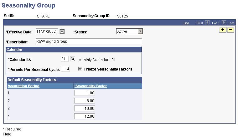 Setting Up Forecasting Chapter 4 Seasonality Group page To set up a seasonality group: 1. Enter a Description for the group. 2.