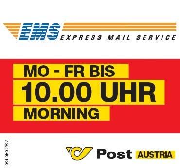 time sticker: Saturday delivery Saturday delivery takes place (only if the shipment is posted on Friday and at the explicit request of the sender) in Austria on Saturday (working day) by 12:00 p.m. EMS shipments with Saturday delivery must be labelled with the following EMS time sticker: A.