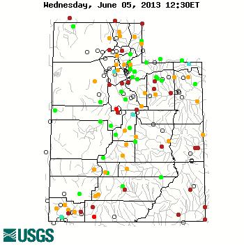 Utah Hydrologic Summary June 1, 213 Current Conditions Current runoff, as shown in the USGS graphic below, is mostly below to much below average for non regulated stream flow across many areas of