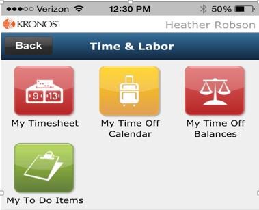 Time & Labor Management Options: 1. Select the Time & Labor Management button to view your Timesheet, Clock In or Out, View Time Off Balances, and Enter Time Off.