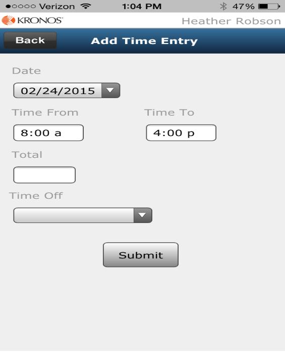 To Enter Time Directly: 1. Click on the Time & Labor Management button. 2. Click on the My Timesheet button. 3. Click Select Action. 4. Select Add Time Entry. 5. Select Done. 6.