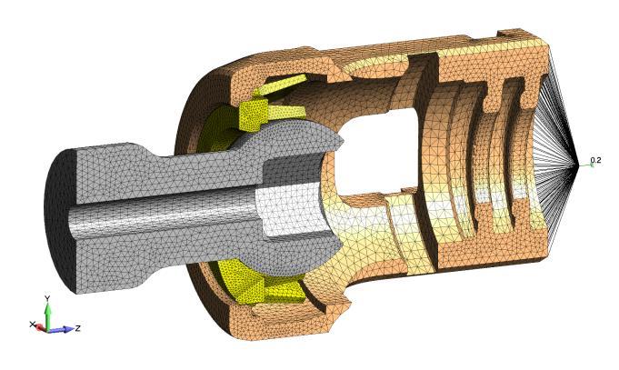 Figure 2: FEA simulation model of titanium locking pedicle screw for spinal surgery as analyzed for its locking capability as a function of interference fit and friction coefficient Titanium