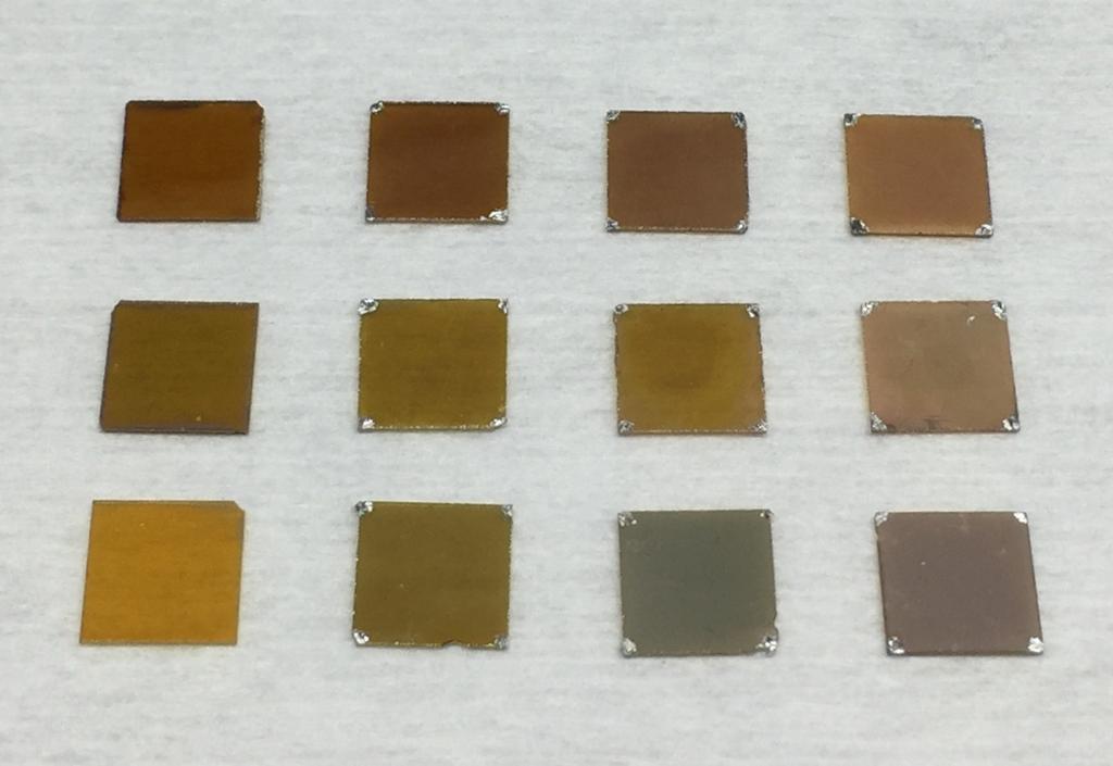 Figure 7: As-deposited films. From left to right the N-flow during deposition was 0, 2, 3, 5, 7, 10, 15 and 20 sccm. Figure 8: Heat treated films. Upper row: 0 sccm samples.