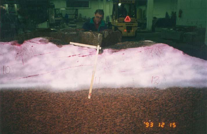Figure 8: Sawn slabs sprayed with penetrant and ready for blast-induced damage assessment (photo: courtesy