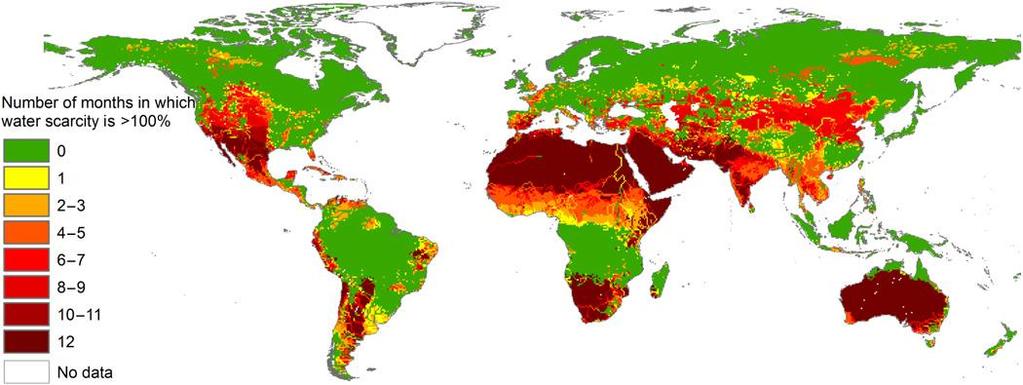 Water is the overlooked looming resource crisis NUMBER OF MONTHS PER YEAR IN WHICH WATER SCARCITY EXCEEDS 100% BY GEOGRAPHICAL AREA Two-thirds of the planet s population, or 4 billion people, lives
