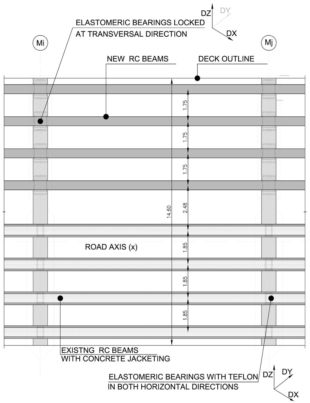 Figure 8. General layout of new redesigned bridge. Typical layout of middle span of new redesigned bridge. Table 5. Basic material quantities of redesigned bridge.
