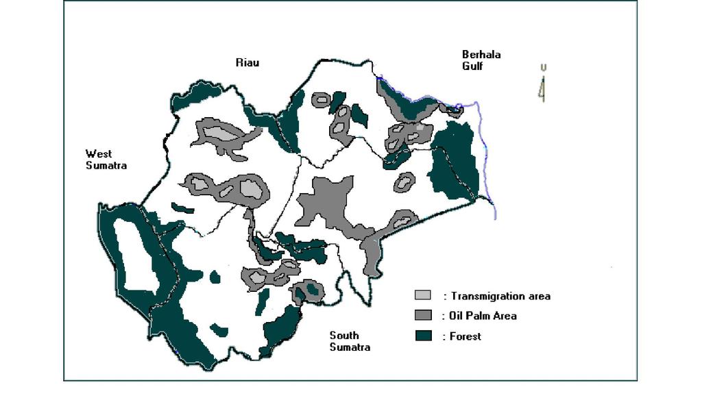 Figure 4.1 Approximate Location of Oil Palm, Transmigration, and Forest Areas in Jambi Province 4.2. Infrastructure According to Thahar et al.