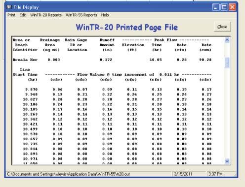 8) Within the Hydrograph Peak/Peak Time Table select the WinTR-20 pull-down menu and select Printed Page File to access the WinTR-20 Printed Page File. 9) Scroll down to the page titled TR20.