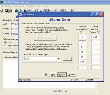 2) Under the GlobalData heading select Storm Data" and select Type 1 as the rainfall distribution type and enter 2.05 as the 2-year storm event (the project is below an elevation of 2,000 feet.