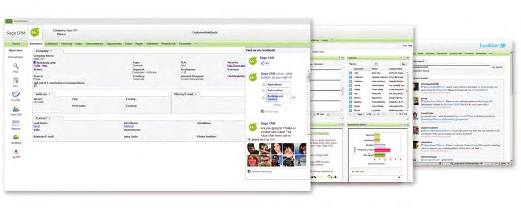 Sage CRM Social CRM Solutions Sage CRM integrates with key social media applications such as Twitter, LinkedIn & Facebook providing new ways to connect and interact with customers and prospects.