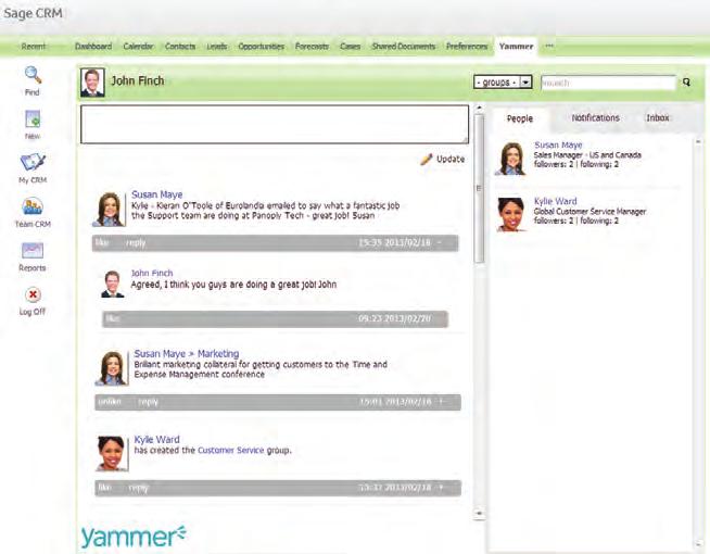 Business Collaboration Powered by Yammer Business collaboration across teams using Sage CRM is made possible through social-style collaboration powered by Yammer.
