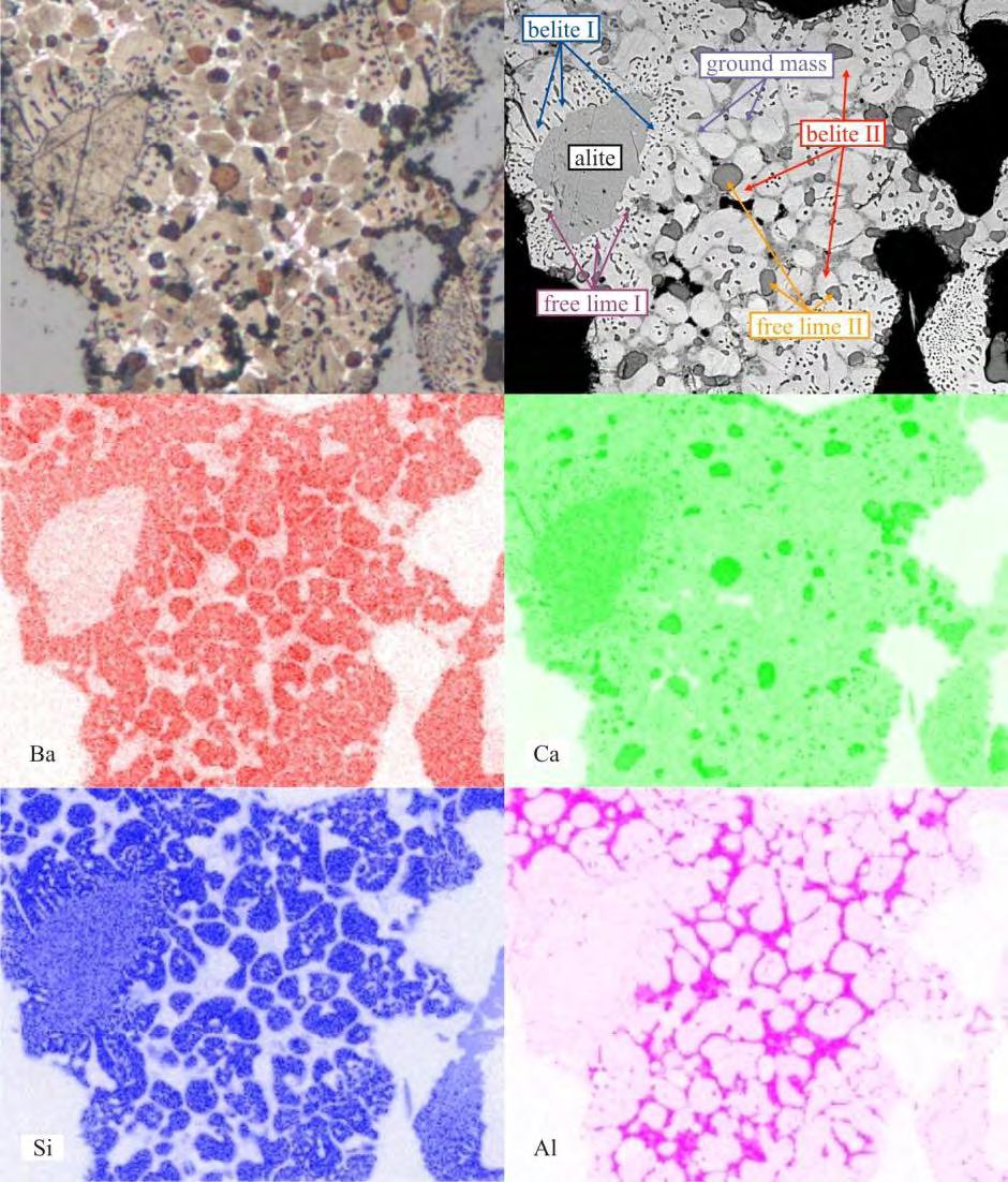 Böhm & Lipus Figure 2: Reflected light (top left) and SEM micrograph (top right) of clinker; elemental maps (Ba mid left, Ca mid right, Si bottom left, Al bottom right) of alite directly surrounded