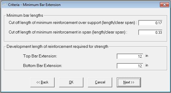 FIGURE 1.1-19 Click Next at the bottom of the screen to open the input screen, Criteria Rebar Curtailment. 1.1.5.