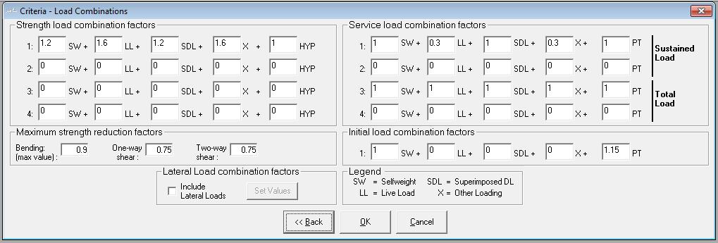 1.1.5.8 Input Load Combinations Figure 1.1-20 shows the screen which is used to input the load combination factors for service and strength (ultimate) load conditions.