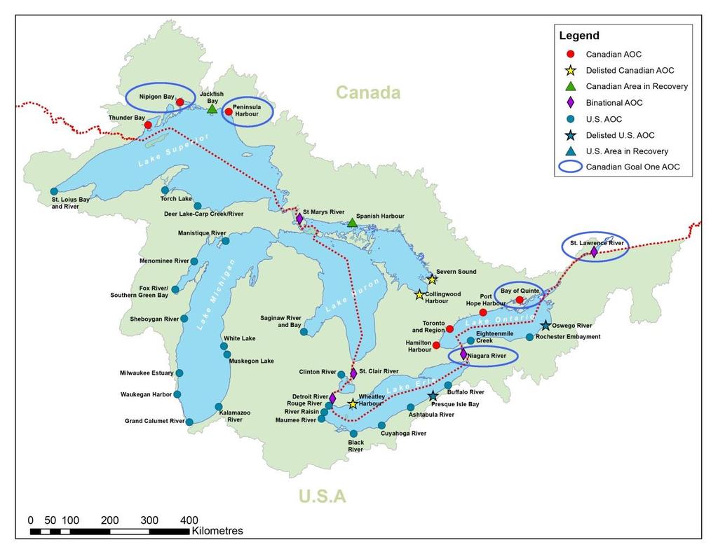 Map illustrating Great Lakes Areas of Concern GOAL 1: COMPLETE PRIORITY ACTIONS FOR DELISTING IN FIVE AOCs: NIPIGON BAY, PENINSULA HARBOUR, NIAGARA RIVER, BAY OF QUINTE, AND ST.